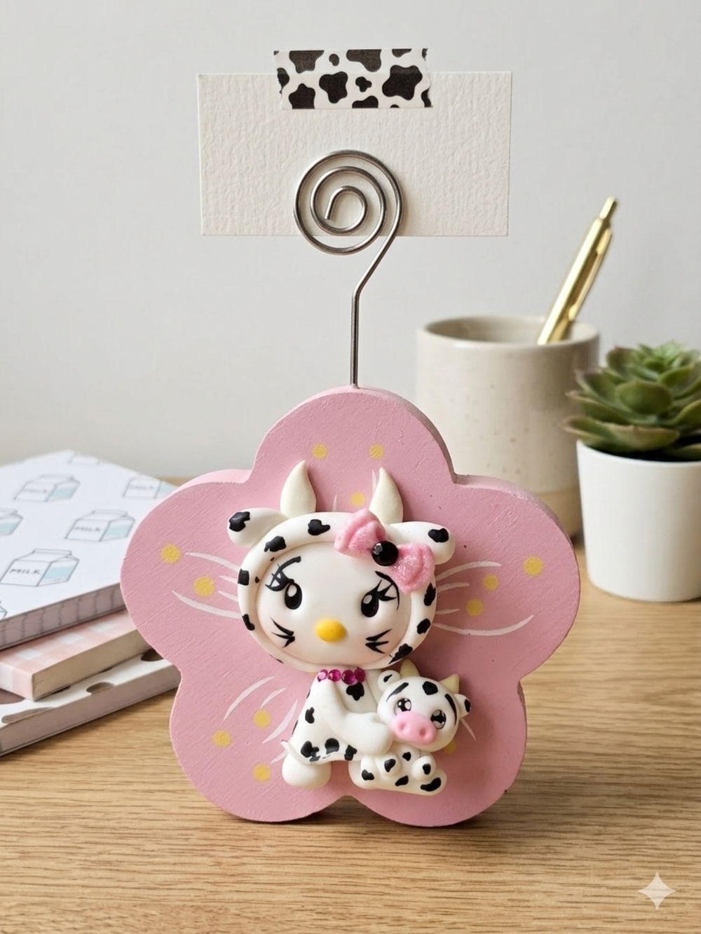 Handmade Cow Hello Kitty Clay Doll Photo Holder - Charmed by SLG Desktop Decor